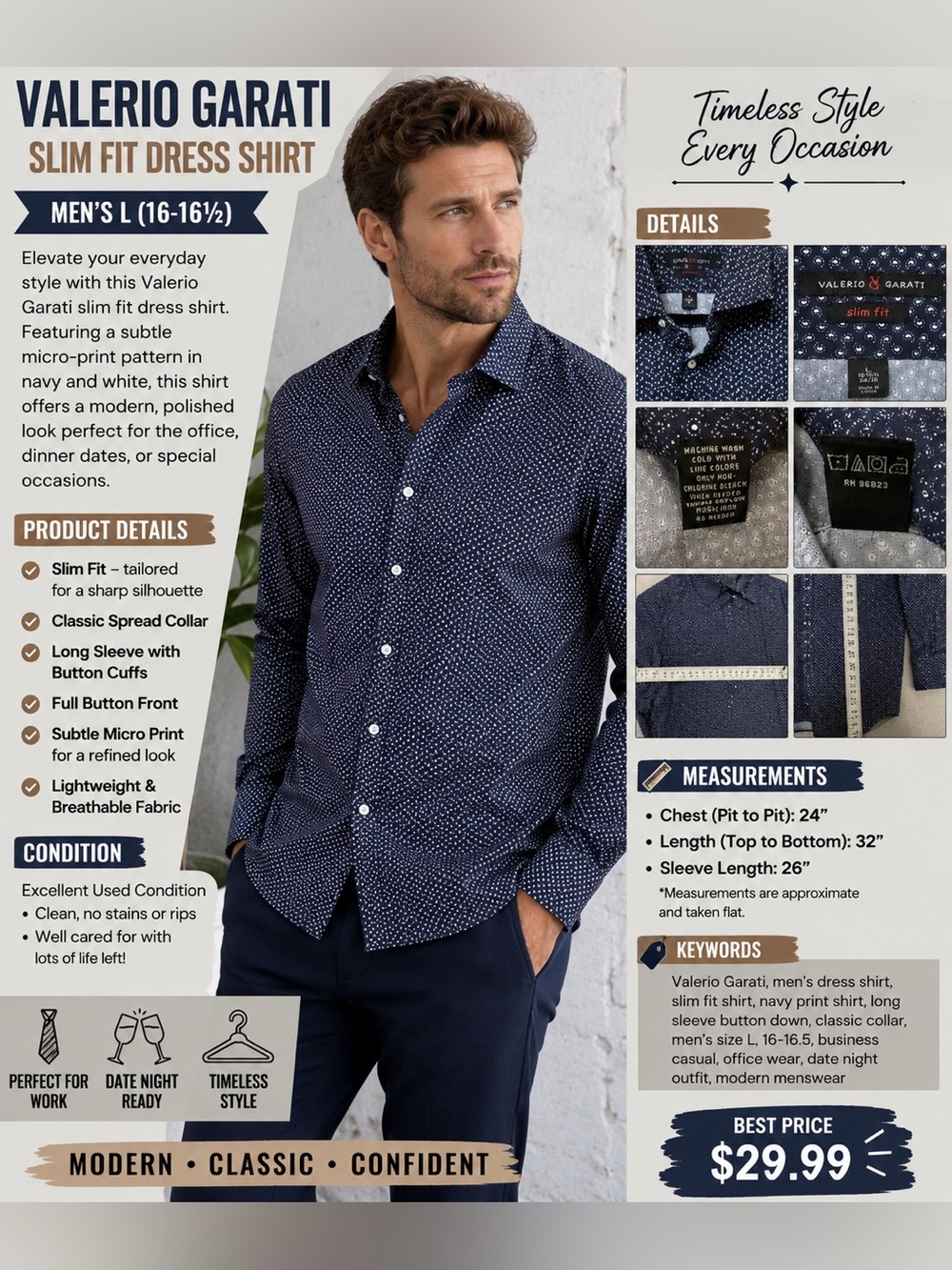 Men's Patterned Long-Sleeve Dress Shirt in Navy